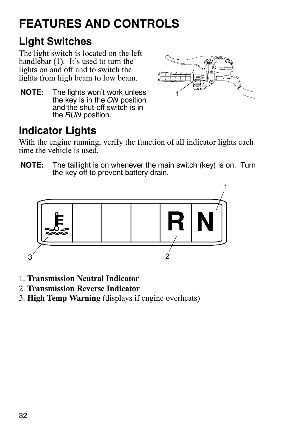 Features and controls, Light switches, Indicator lights | Polaris Scrambler 9921620 User Manual | Page 34 / 124