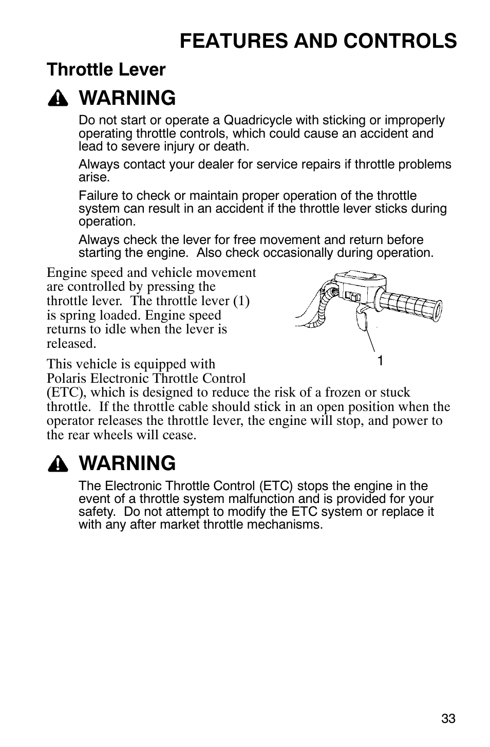 Features and controls, Warning, Throttle lever | Polaris Scrambler 9921620 User Manual | Page 35 / 124