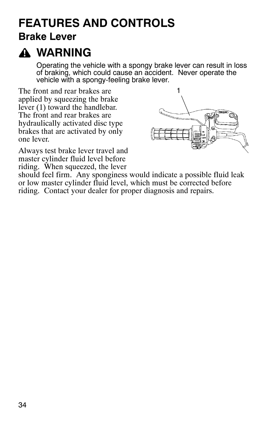 Features and controls, Warning, Brake lever | Polaris Scrambler 9921620 User Manual | Page 36 / 124