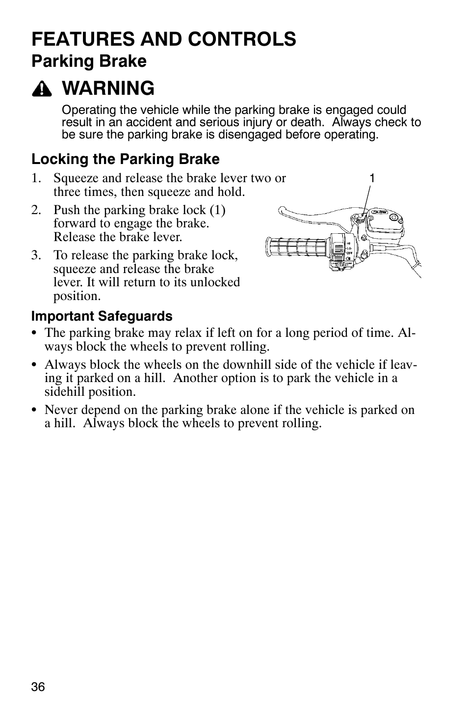 Features and controls, Warning, Parking brake | Polaris Scrambler 9921620 User Manual | Page 38 / 124