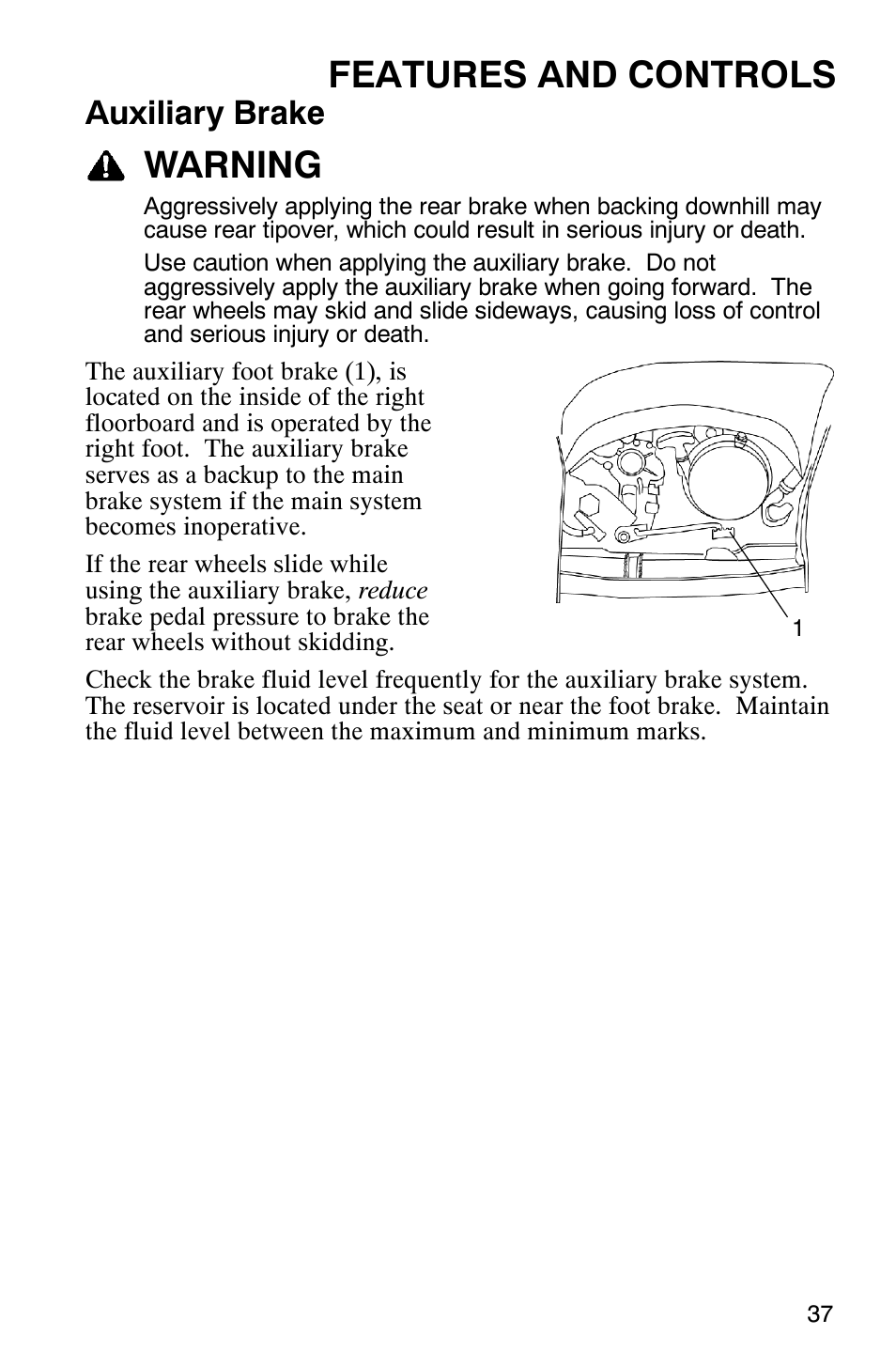 Features and controls, Warning, Auxiliary brake | Polaris Scrambler 9921620 User Manual | Page 39 / 124