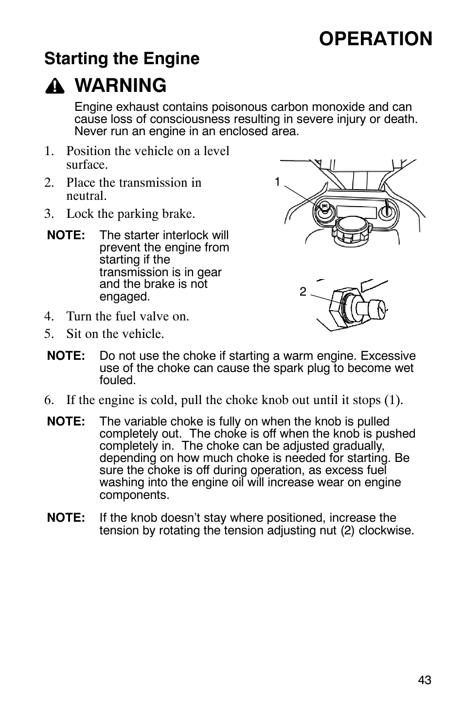 Operation, Warning, Starting the engine | Polaris Scrambler 9921620 User Manual | Page 45 / 124