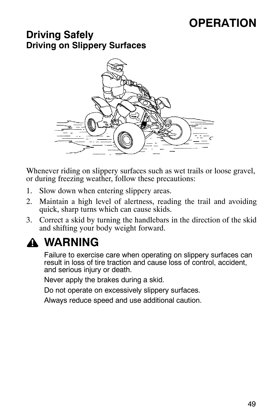 Operation, Warning, Driving safely | Polaris Scrambler 9921620 User Manual | Page 51 / 124