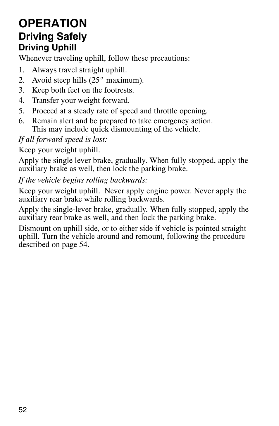 Operation, Driving safely | Polaris Scrambler 9921620 User Manual | Page 54 / 124