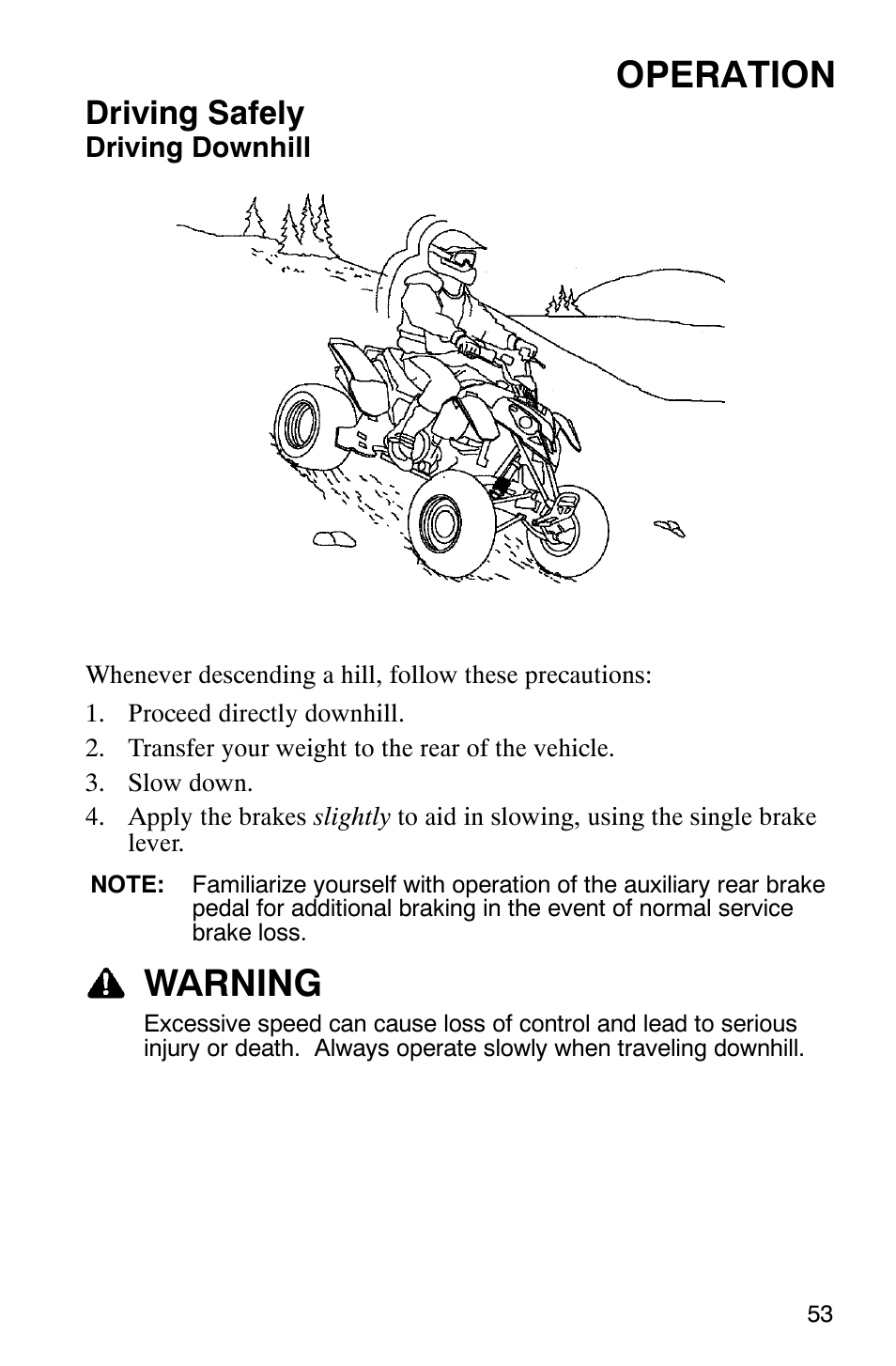 Operation, Warning, Driving safely | Polaris Scrambler 9921620 User Manual | Page 55 / 124