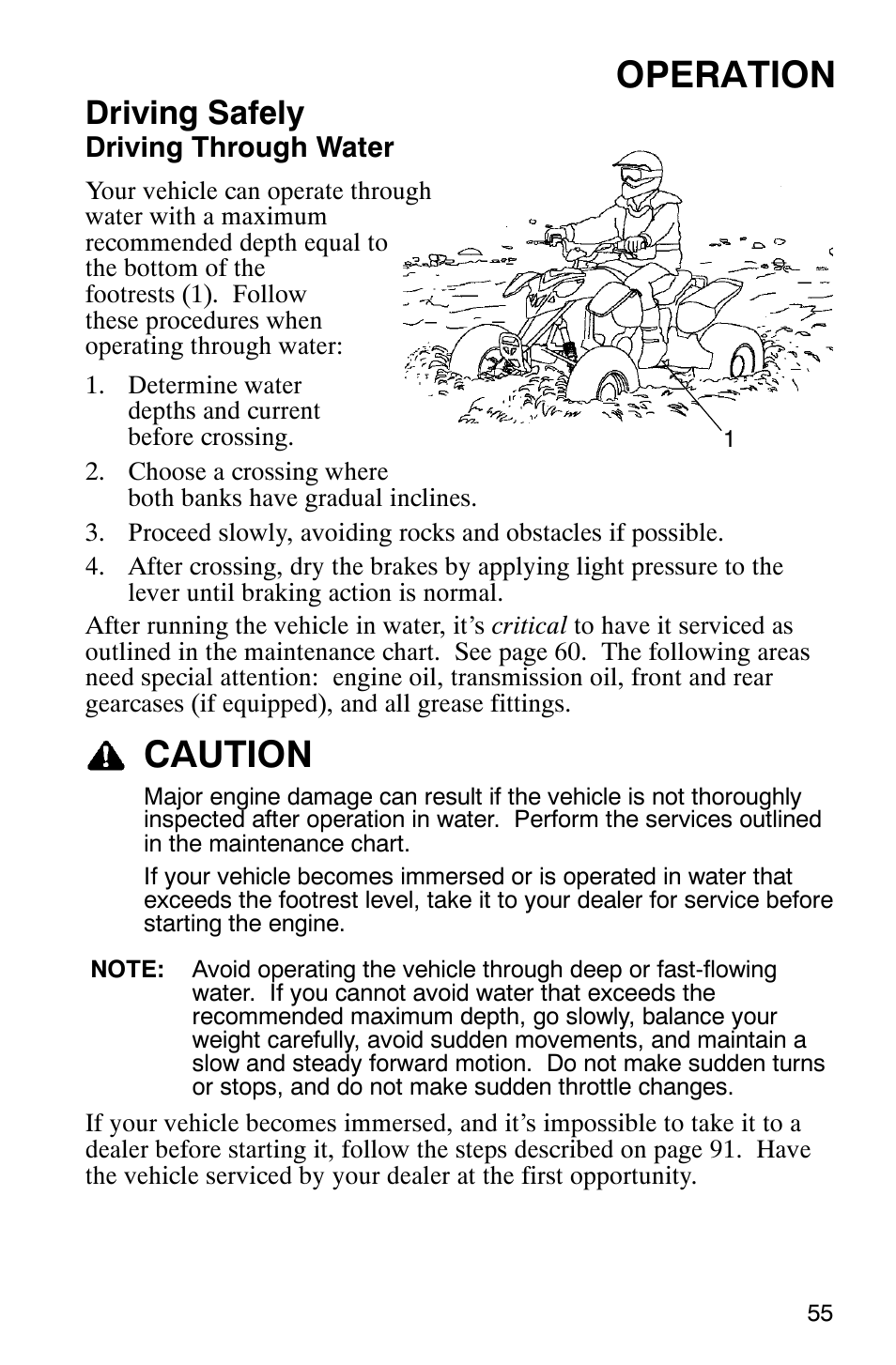 Operation, Caution, Driving safely | Polaris Scrambler 9921620 User Manual | Page 57 / 124