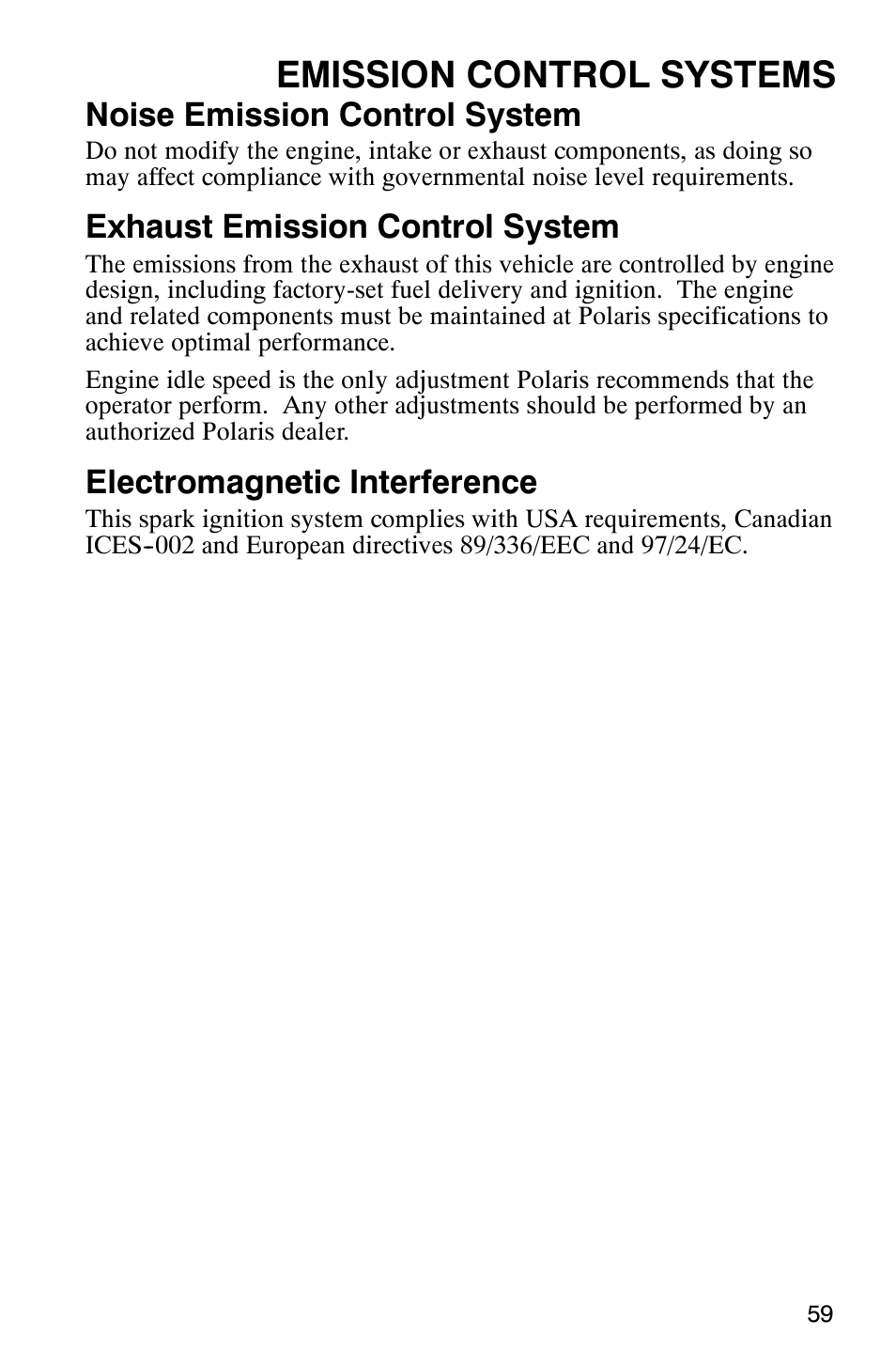 Emission control systems, Noise emission control system, Exhaust emission control system | Electromagnetic interference | Polaris Scrambler 9921620 User Manual | Page 61 / 124