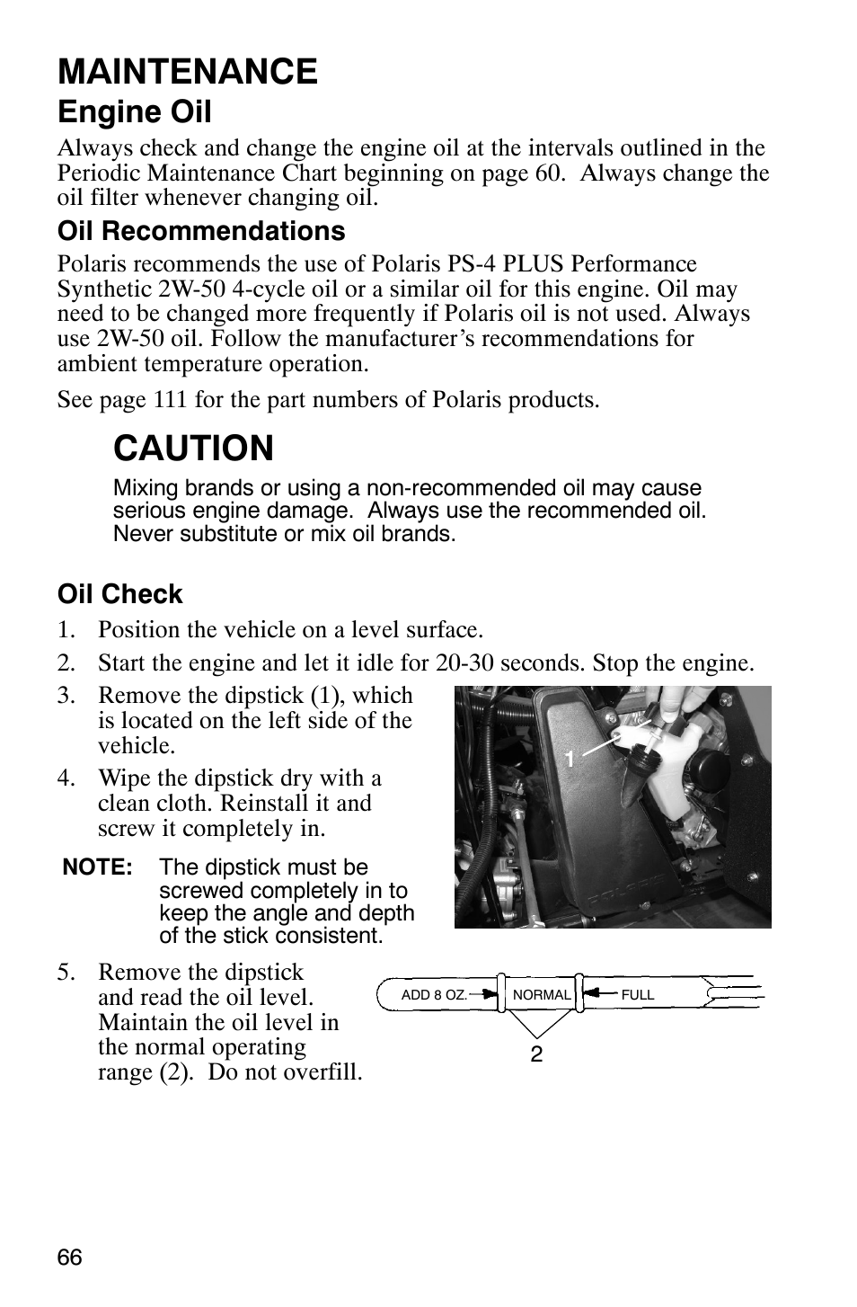 Maintenance, Caution, Engine oil | Oil recommendations, Oil check | Polaris Scrambler 9921620 User Manual | Page 68 / 124