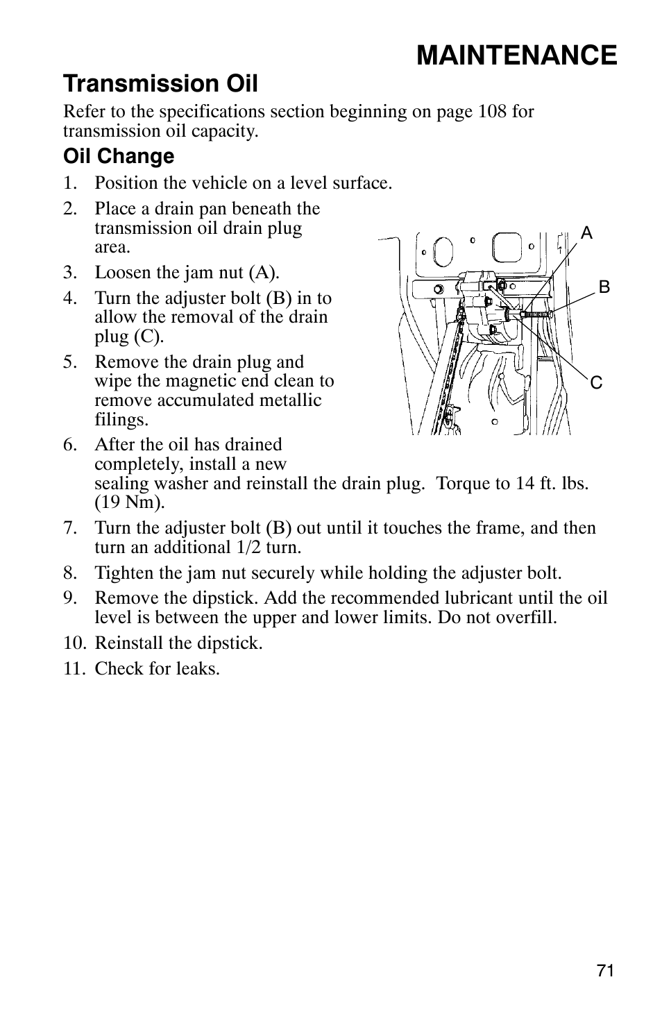 Maintenance, Transmission oil | Polaris Scrambler 9921620 User Manual | Page 73 / 124