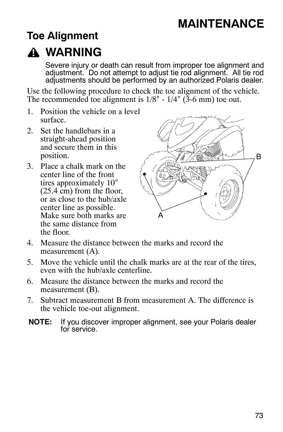 Maintenance, Warning, Toe alignment | Polaris Scrambler 9921620 User Manual | Page 75 / 124