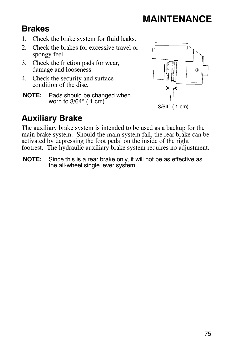 Maintenance, Brakes, Auxiliary brake | Polaris Scrambler 9921620 User Manual | Page 77 / 124