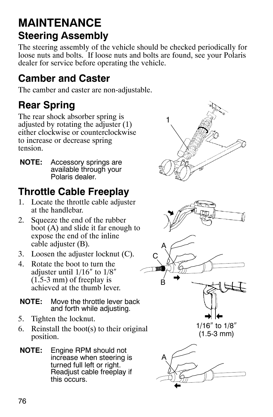 Maintenance, Steering assembly, Camber and caster | Rear spring, Throttle cable freeplay | Polaris Scrambler 9921620 User Manual | Page 78 / 124
