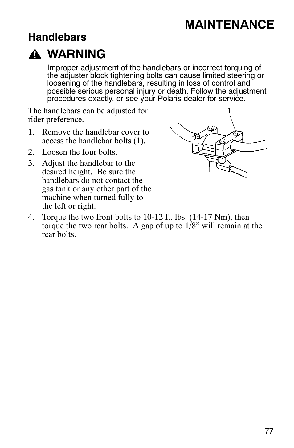 Maintenance, Warning, Handlebars | Polaris Scrambler 9921620 User Manual | Page 79 / 124