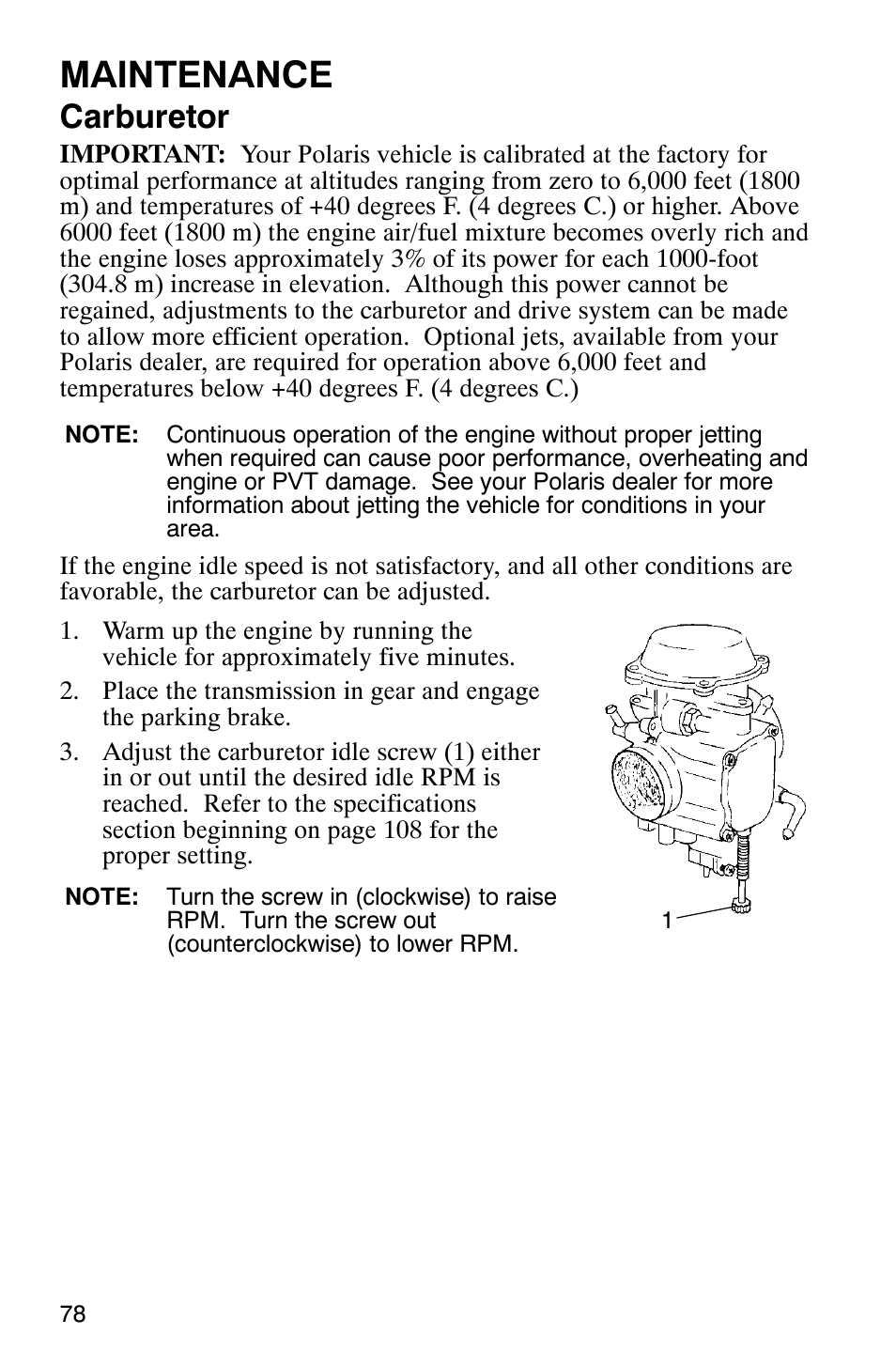 Maintenance, Carburetor | Polaris Scrambler 9921620 User Manual | Page 80 / 124