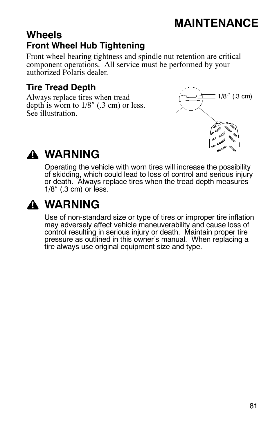 Maintenance, Warning, Wheels | Polaris Scrambler 9921620 User Manual | Page 83 / 124