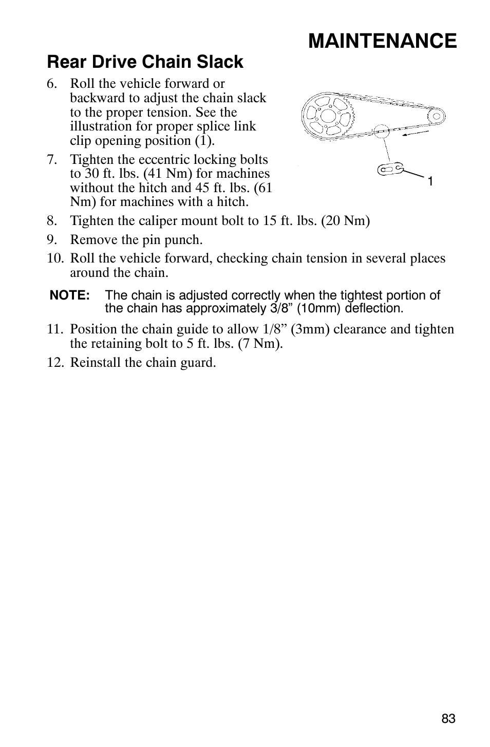 Maintenance, Rear drive chain slack | Polaris Scrambler 9921620 User Manual | Page 85 / 124