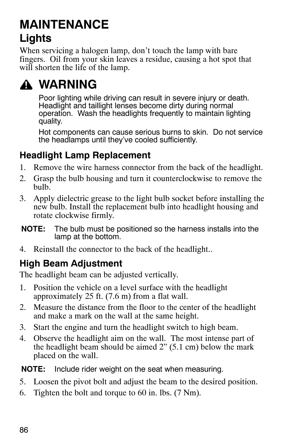 Maintenance, Warning, Lights | Polaris Scrambler 9921620 User Manual | Page 88 / 124