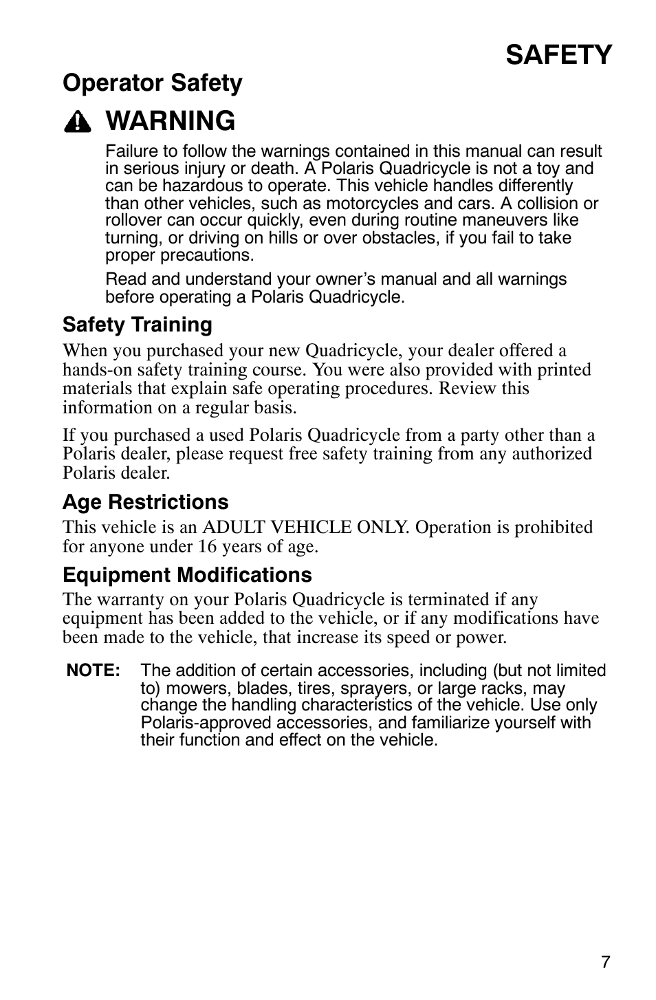 Safety, Warning, Operator safety | Polaris Scrambler 9921620 User Manual | Page 9 / 124