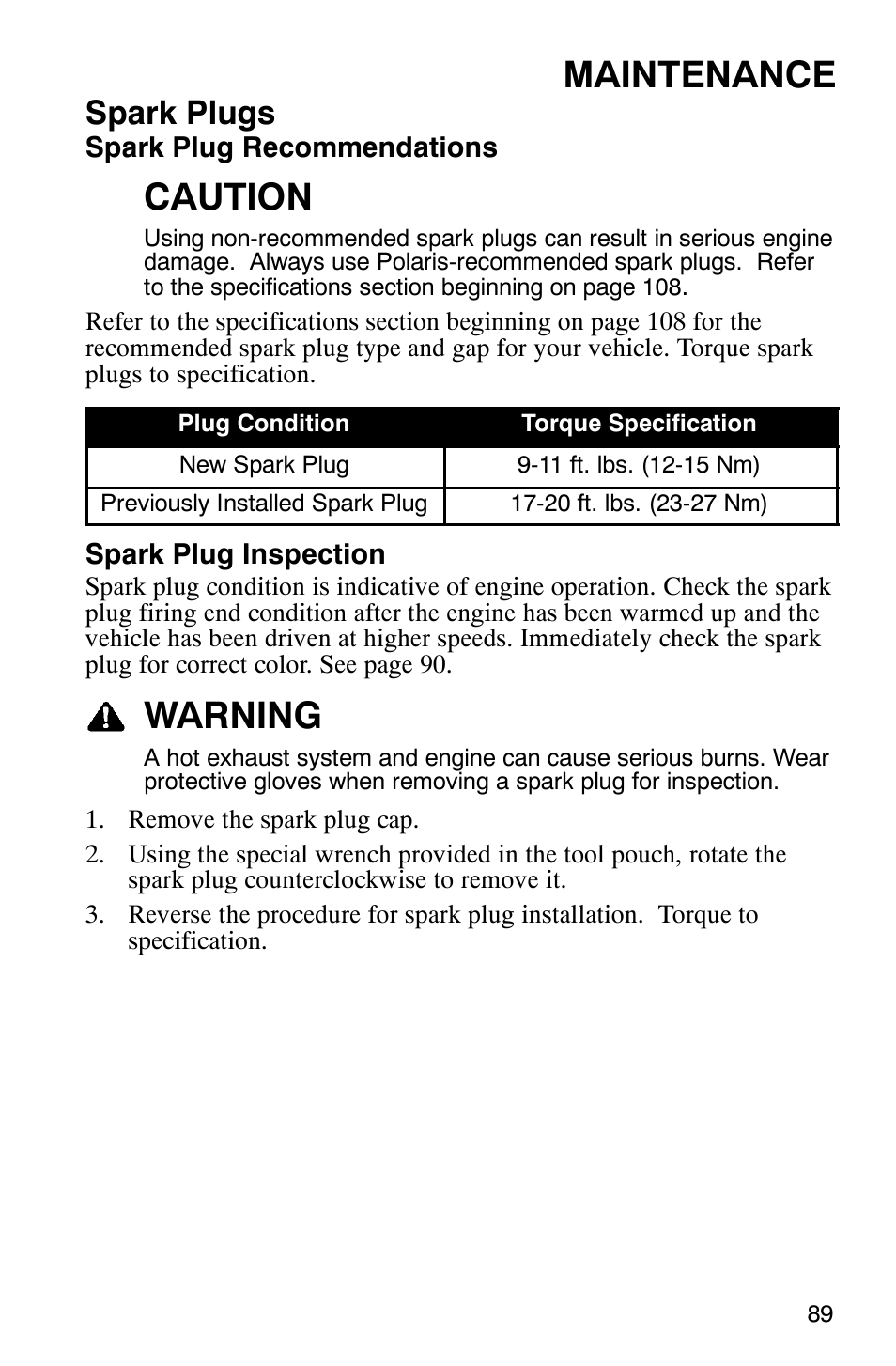 Maintenance, Caution, Warning | Spark plugs | Polaris Scrambler 9921620 User Manual | Page 91 / 124