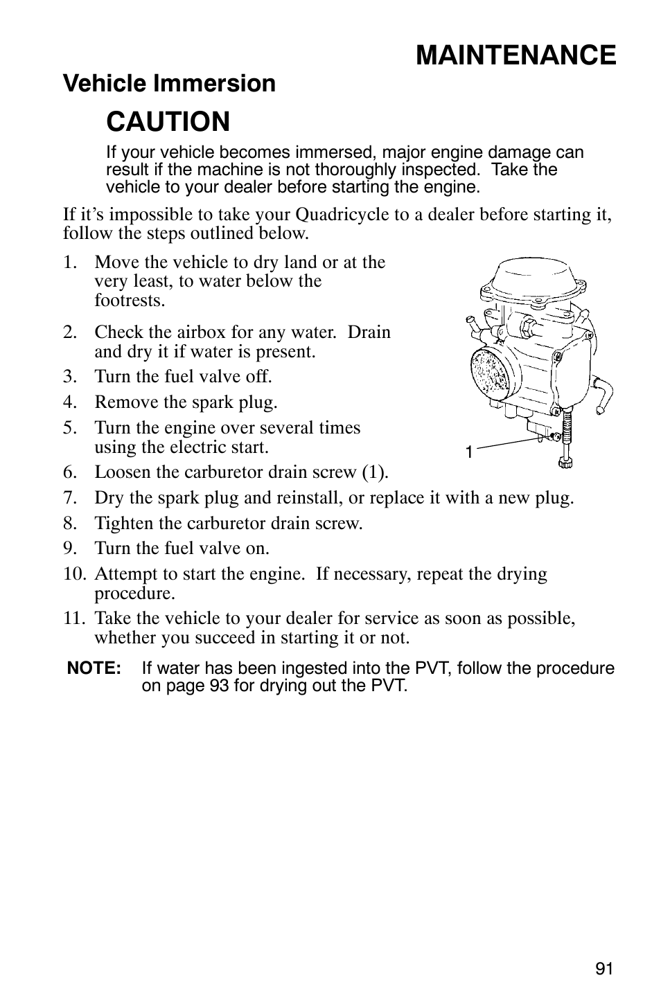 Maintenance, Caution, Vehicle immersion | Polaris Scrambler 9921620 User Manual | Page 93 / 124