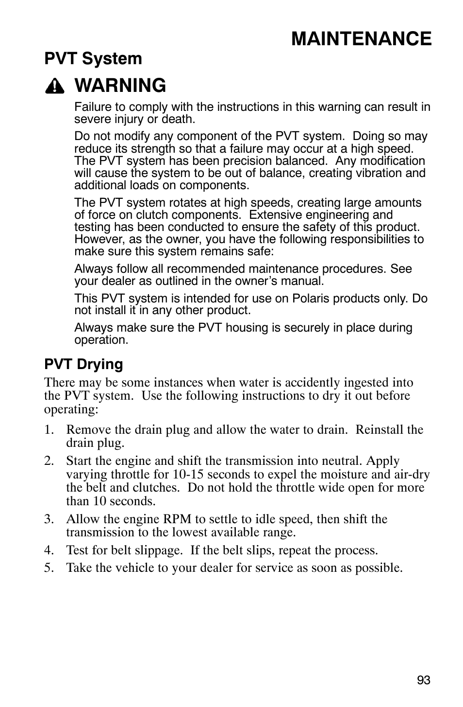 Maintenance, Warning, Pvt system | Polaris Scrambler 9921620 User Manual | Page 95 / 124