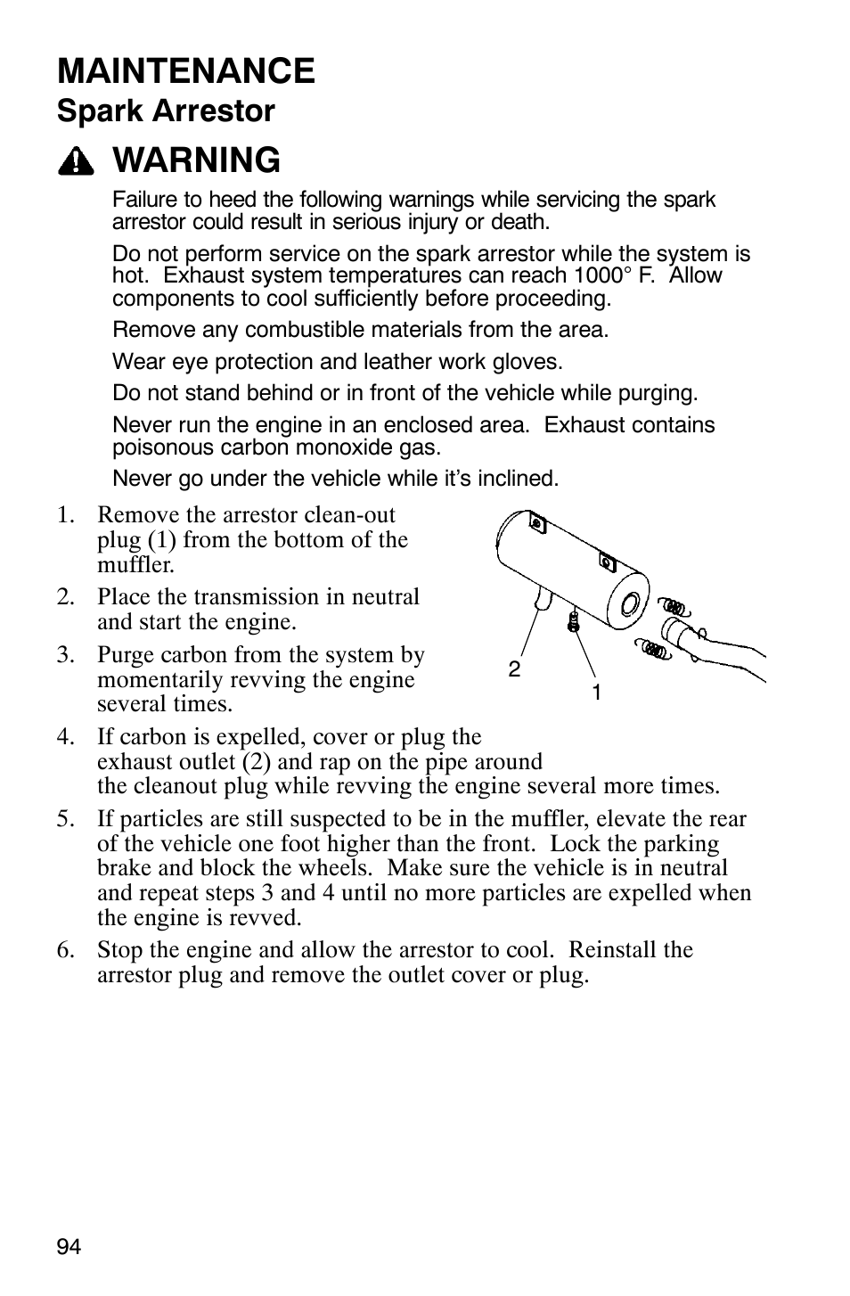 Maintenance, Warning, Spark arrestor | Polaris Scrambler 9921620 User Manual | Page 96 / 124