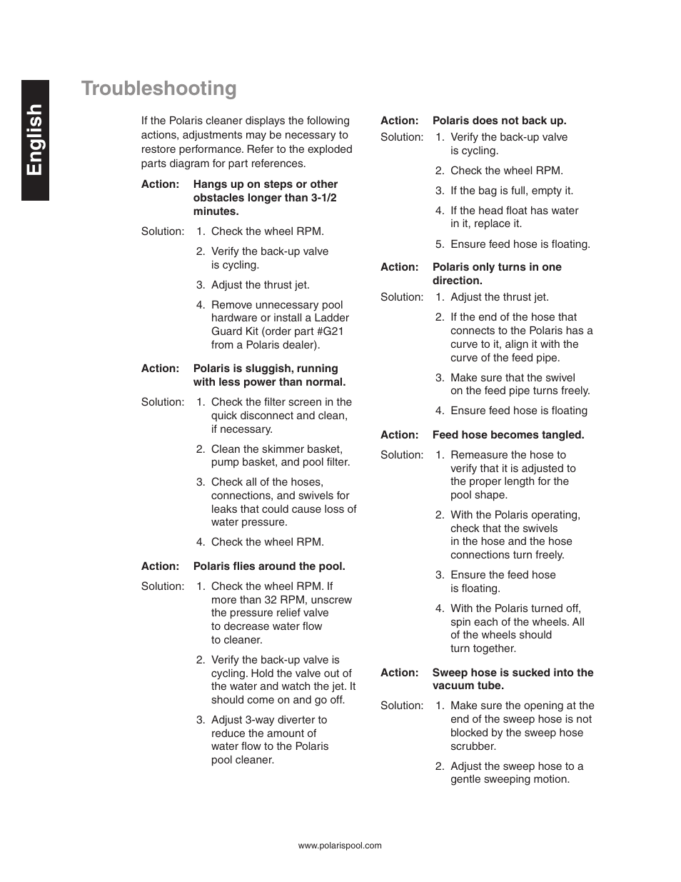 Troubleshooting english | Polaris Vac-Sweep 360 User Manual | Page 10 / 11