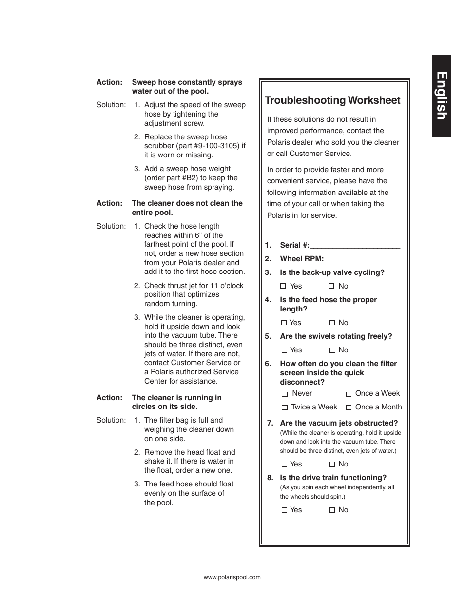 English, Troubleshooting worksheet | Polaris Vac-Sweep 360 User Manual | Page 11 / 11