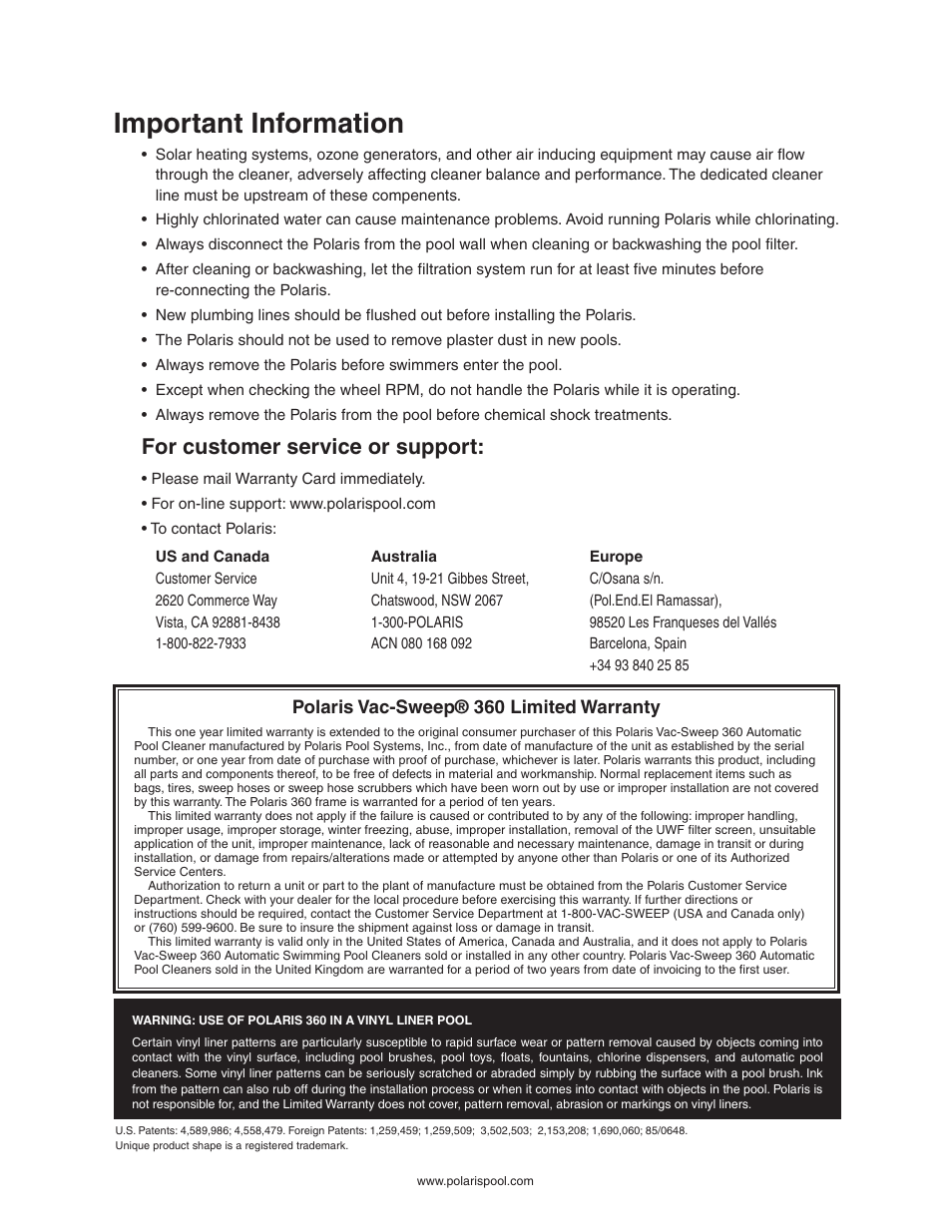 Important information, For customer service or support | Polaris Vac-Sweep 360 User Manual | Page 2 / 11