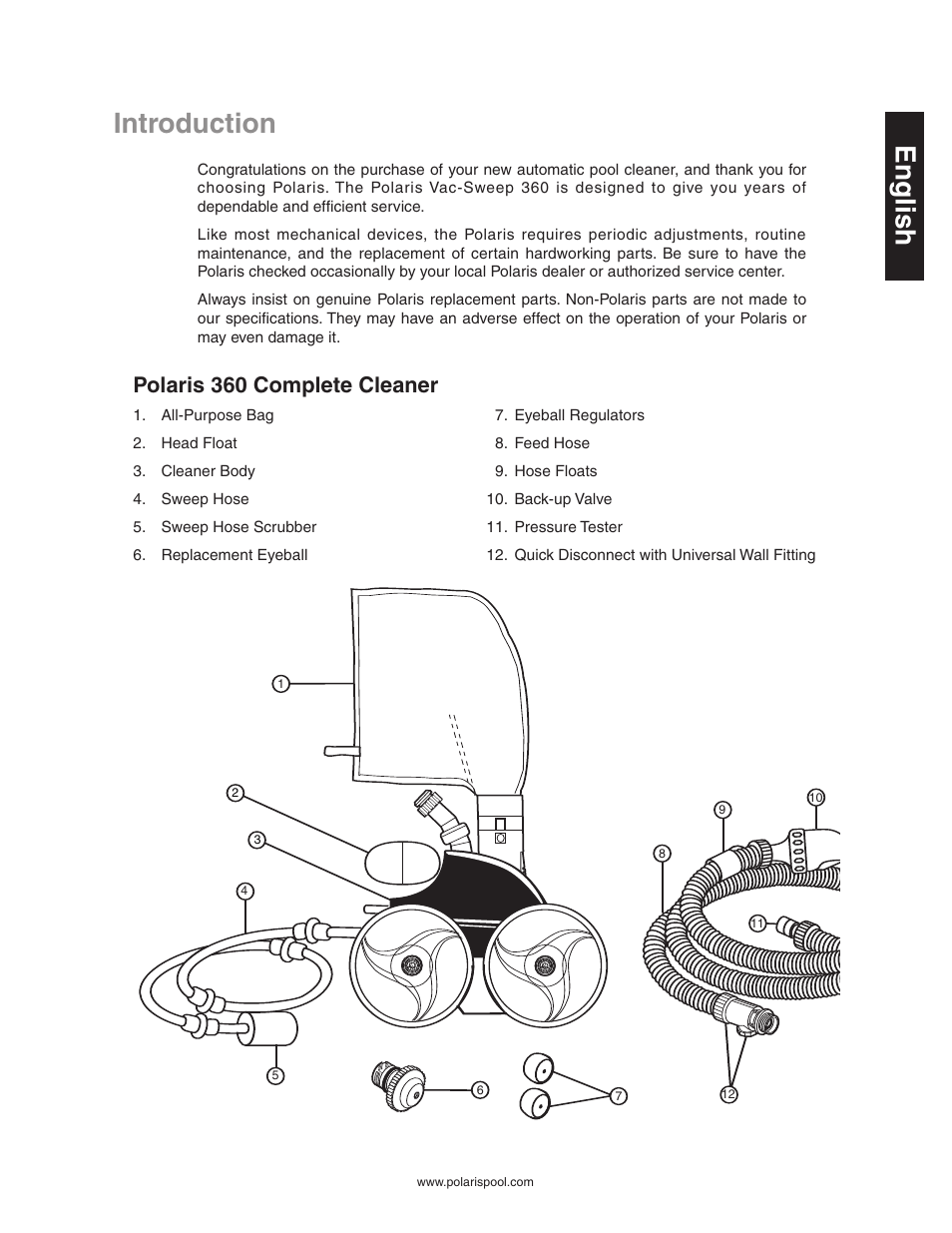 Introduction, Quick installation instructions, English | Polaris 360 complete cleaner | Polaris Vac-Sweep 360 User Manual | Page 3 / 11