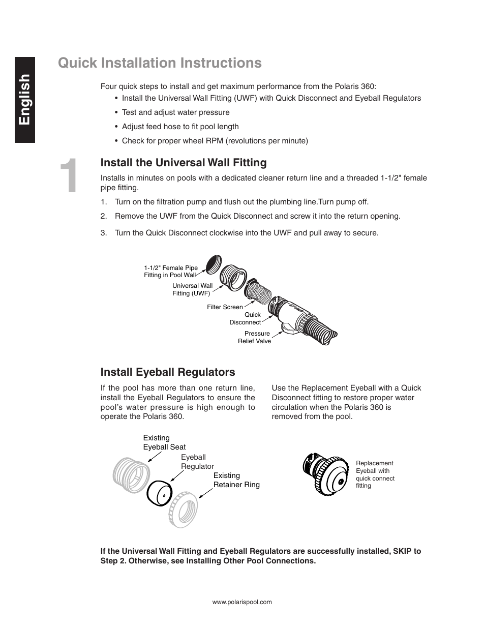 Quick installation instructions, English, Install the universal wall fitting | Install eyeball regulators | Polaris Vac-Sweep 360 User Manual | Page 4 / 11