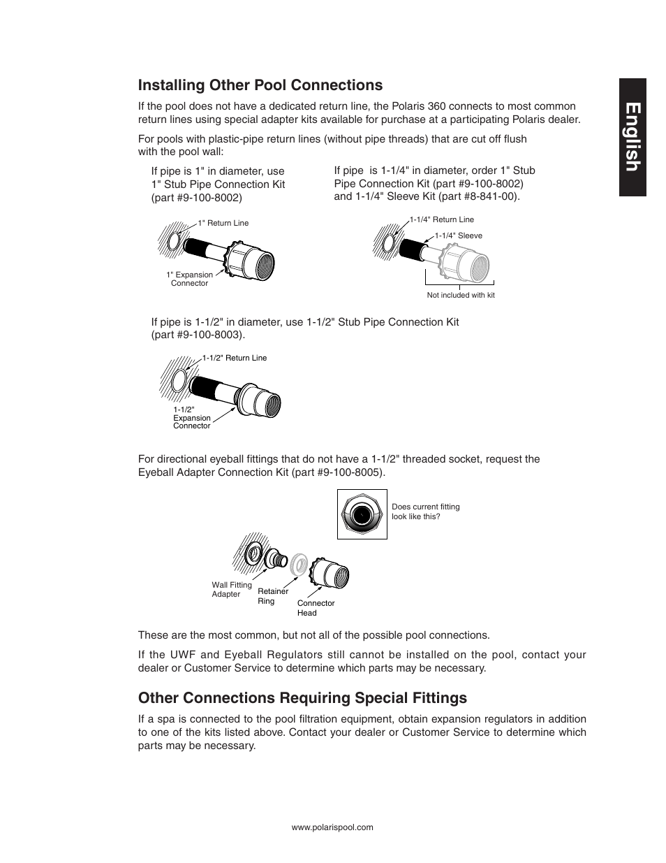 English, Installing other pool connections, Other connections requiring special fittings | Polaris Vac-Sweep 360 User Manual | Page 5 / 11