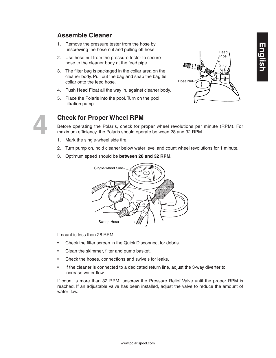 English, Assemble cleaner, Check for proper wheel rpm | Polaris Vac-Sweep 360 User Manual | Page 7 / 11