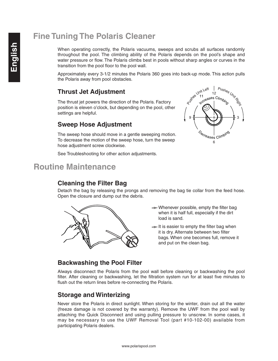 Fine tuning the polaris cleaner, Routine maintenance, Exploded parts diagram | English, Thrust jet adjustment, Sweep hose adjustment, Cleaning the filter bag, Backwashing the pool filter, Storage and winterizing | Polaris Vac-Sweep 360 User Manual | Page 8 / 11