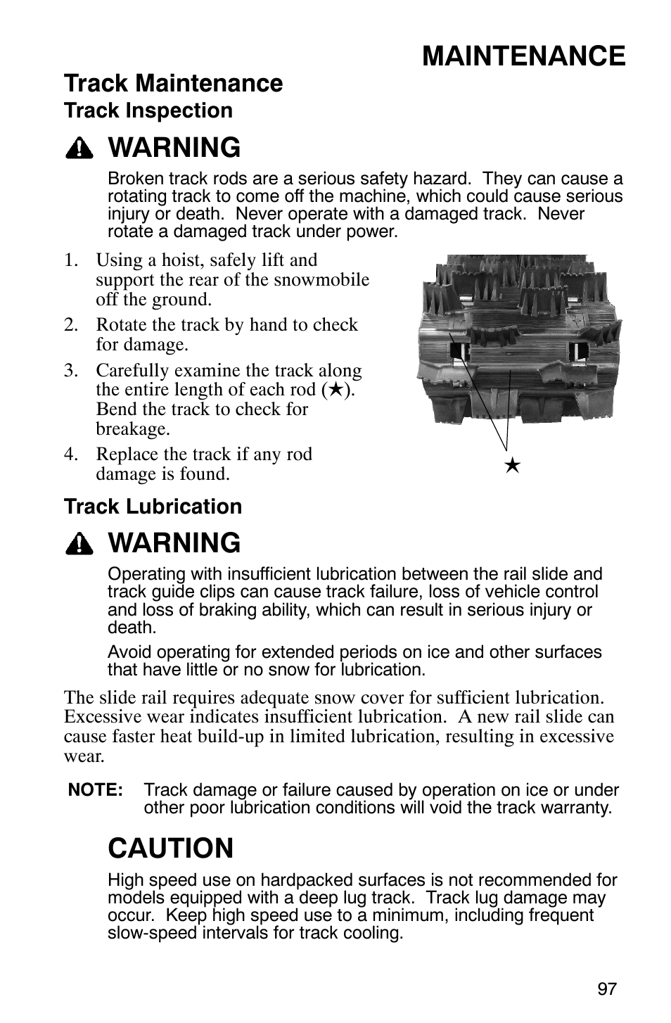 Maintenance, Warning, Caution | Track maintenance | Polaris 600 RMK User Manual | Page 100 / 127