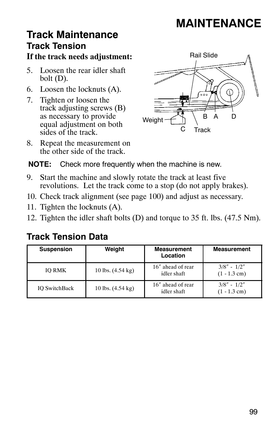 Maintenance, Track maintenance, Track tension i | Track tension data | Polaris 600 RMK User Manual | Page 102 / 127