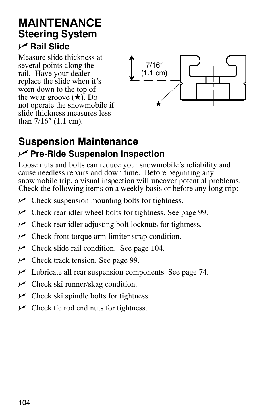 Maintenance, Steering system n, Suspension maintenance n | Polaris 600 RMK User Manual | Page 107 / 127