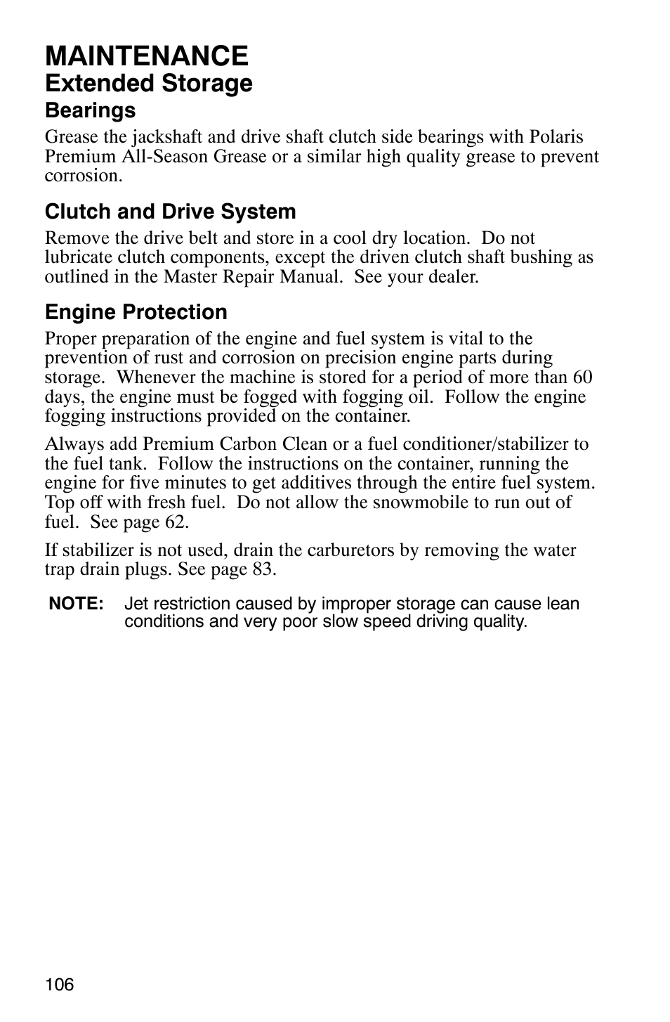 Maintenance, Extended storage | Polaris 600 RMK User Manual | Page 109 / 127