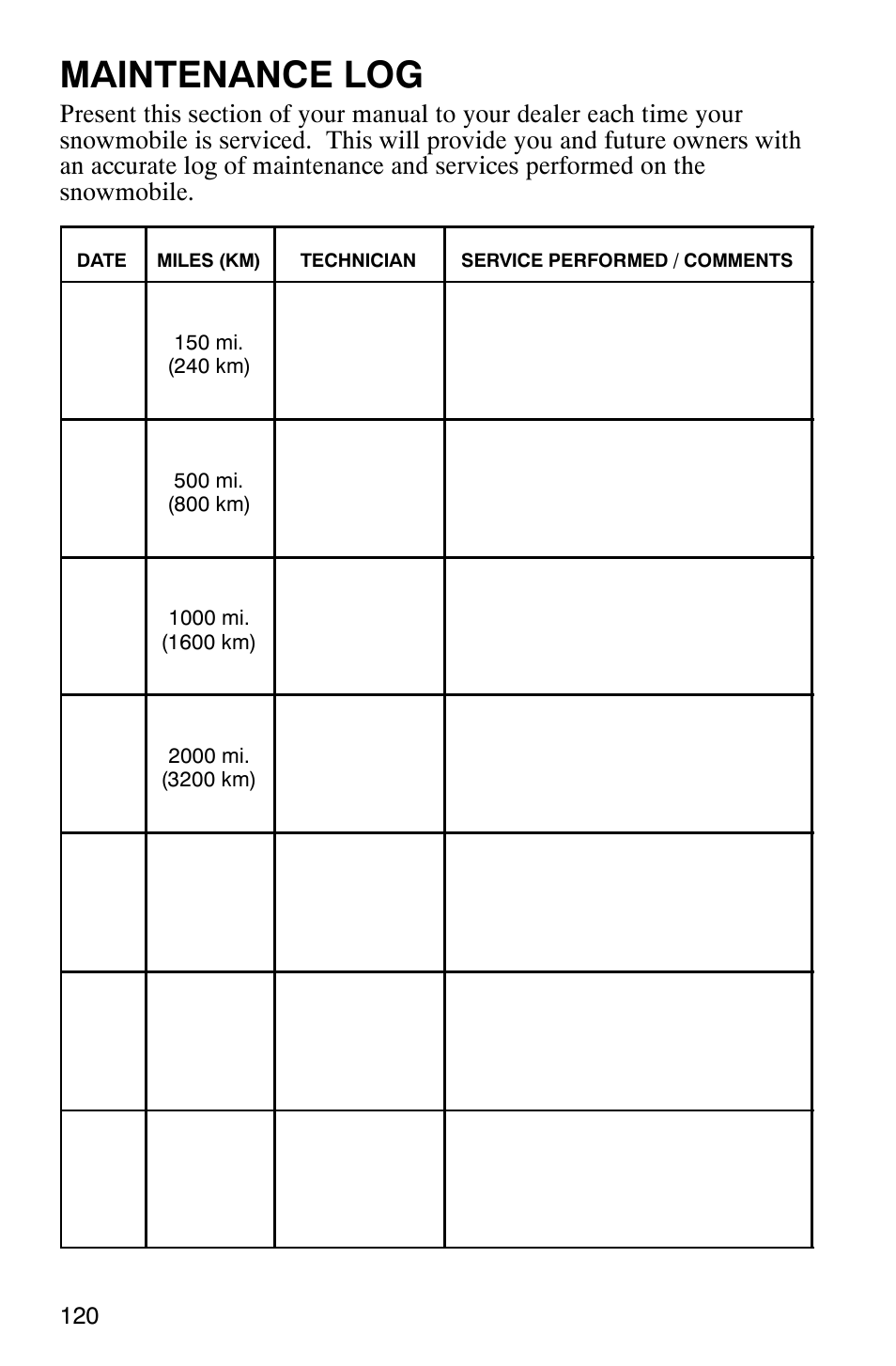 Maintenance log | Polaris 600 RMK User Manual | Page 123 / 127