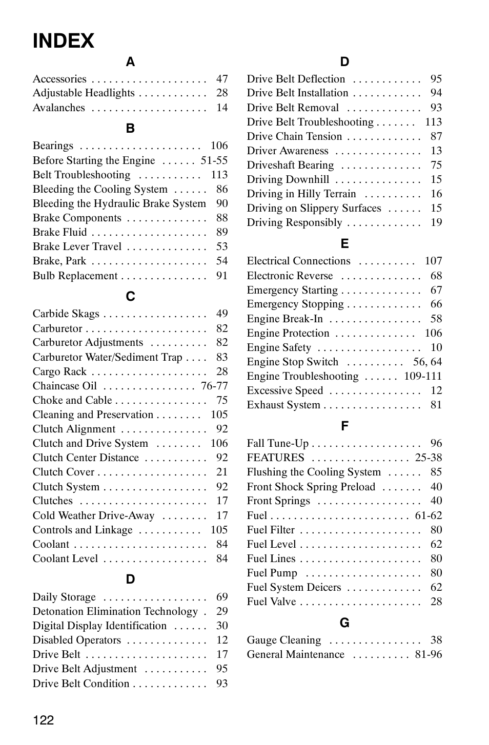 Index | Polaris 600 RMK User Manual | Page 125 / 127