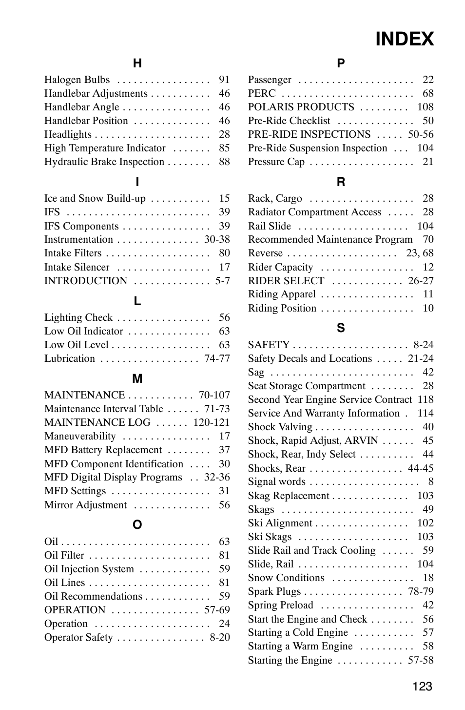 Index | Polaris 600 RMK User Manual | Page 126 / 127