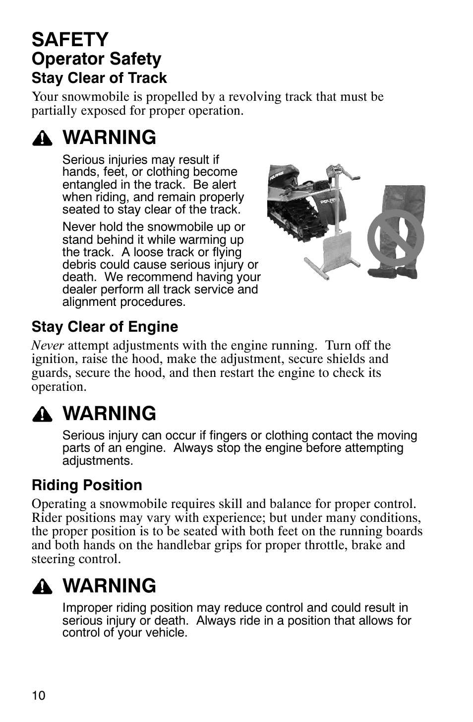 Safety, Warning, Operator safety | Polaris 600 RMK User Manual | Page 13 / 127