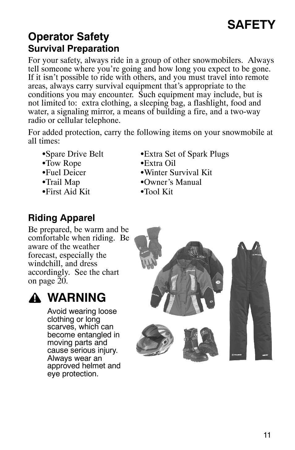 Safety, Warning, Operator safety | Polaris 600 RMK User Manual | Page 14 / 127