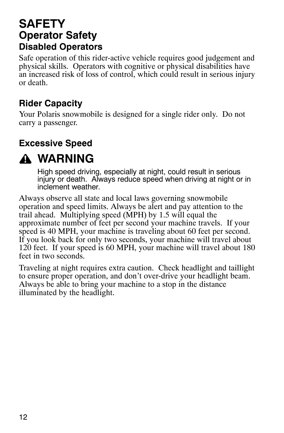 Safety, Warning, Operator safety | Polaris 600 RMK User Manual | Page 15 / 127