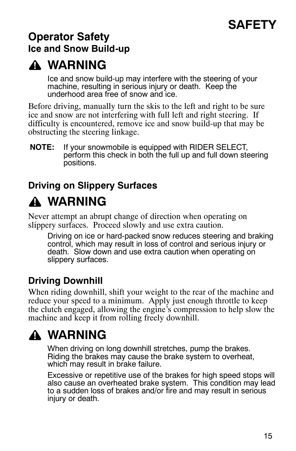 Safety, Warning, Operator safety | Polaris 600 RMK User Manual | Page 18 / 127