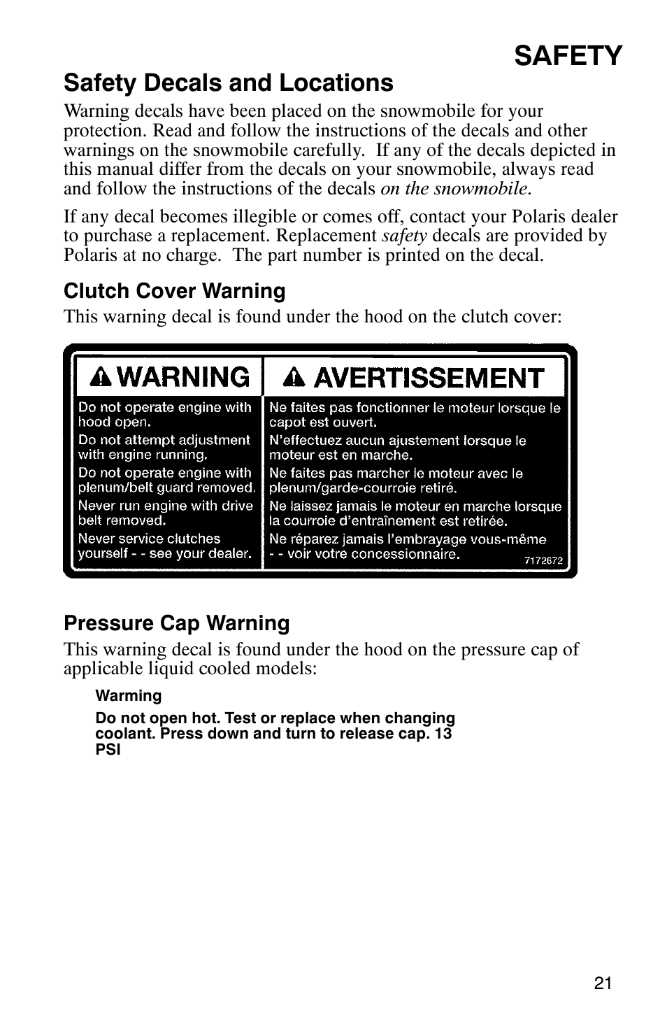 Safety, Safety decals and locations | Polaris 600 RMK User Manual | Page 24 / 127