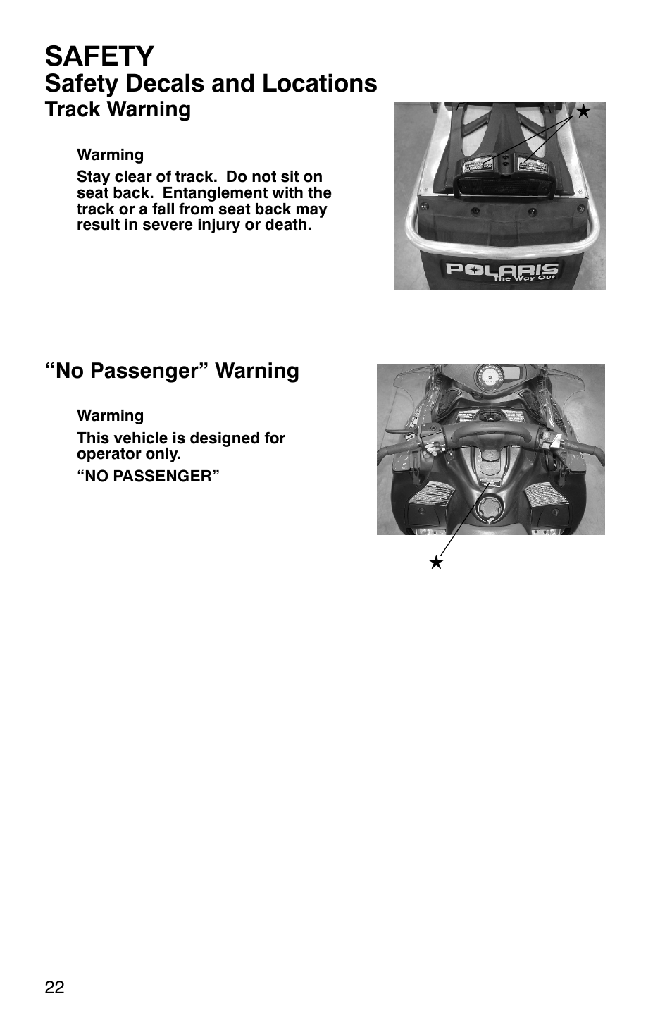 Safety, Safety decals and locations, Track warning | No passenger” warning | Polaris 600 RMK User Manual | Page 25 / 127