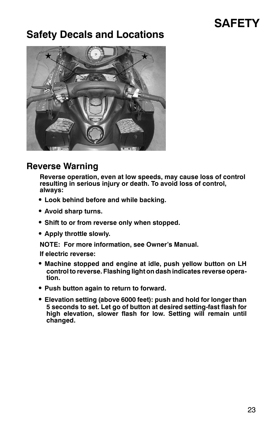 Safety, Safety decals and locations, Reverse warning | Polaris 600 RMK User Manual | Page 26 / 127