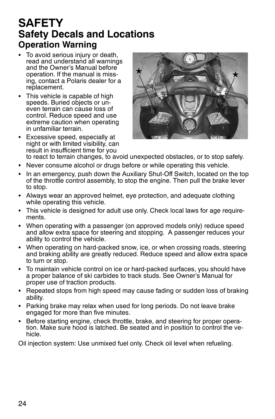 Safety, Safety decals and locations, Operation warning | Polaris 600 RMK User Manual | Page 27 / 127