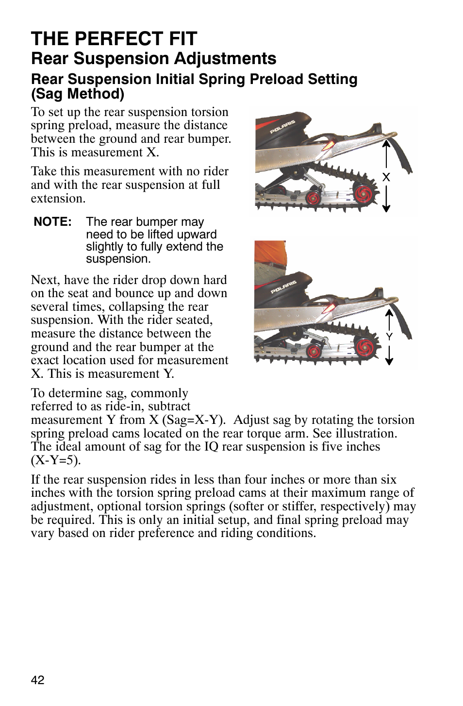 The perfect fit, Rear suspension adjustments | Polaris 600 RMK User Manual | Page 45 / 127